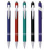 A selection of five stylus pens in purple, red, teal, black, and blue, featuring silver accents and a logo.