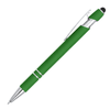 A green aluminium stylus pen with silver accents and a touchscreen tip. It features a secure clip and a sleek design.