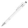 A stylus pen made of aluminium, featuring a white body and silver accents, with a logo on the top.