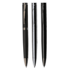 Three metal pens in black and silver, featuring a sleek design with a logo on each pen.