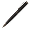 A metal pen in black with a textured grip and a sleek, chrome clip. The pen features a branding logo.