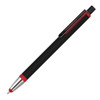 A black stylus pen with red accents, featuring a metallic clip and a smooth finish. It includes a branding logo.