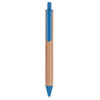 A blue and natural wood pen with a clip and a logo on the side.