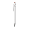 A white metal pen with a silver clip and a red top. It features a sleek, modern design.