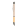 A metal pen featuring a beige body and a wooden lower section, with a contrasting silver clip and tip.