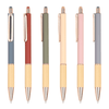 A collection of six wooden pens in blue, red, green, cream, pink, and grey, with gold accents and clips.