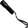 A black flashlight with an orange band, featuring a wrist strap for easy carrying.