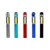 A collection of five LED flashlights in silver, teal, red, blue, and black, each featuring a clip and transparent body.