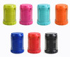 A series of eight drink bottles in varying colours: pink, turquoise, orange, yellow, black, and more, each with a carrying handle.