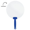 A round, transparent fan with a blue handle. The fan has a flat surface and is simple in design.