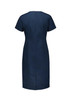 A navy blue women's short sleeve dress featuring a zip closure at the back and a simple, elegant design.