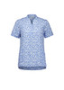 A blue and white tunic featuring a stardust print, with a v-neck and short sleeves. It has a branding logo.