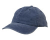 A dark blue enzyme washed pigment dyed cotton twill cap with a curved brim and stitching details. It has a logo.