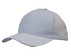 A white cap featuring breathable poly twill and honeycomb mesh. The design includes a logo on the side.