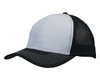 A cap featuring breathable poly twill and honeycomb mesh, in white and black, with a curved peak and stitched details.