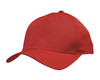 A red premium sports twill cap with a curved brim and a logo on the front.