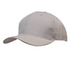 A beige cap made from breathable poly twill, featuring circle perforations on the side and a curved brim.