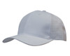 A white cap with breathable poly twill and circle perforations, featuring a logo on the front.