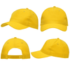 A yellow cap featuring breathable poly twill material with circle perforations and a rear adjustable strap.