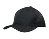 A black sports cap featuring tear drop perforations, with a structured design and a logo on the front.