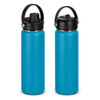 A drink bottle featuring a vibrant blue body and a black lid with a handle, showcasing two angles of the product.