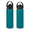 A drink bottle in teal with a black lid and handle, featuring a logo. Two bottles are displayed side by side.