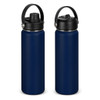 A drink bottle in navy blue with a black cap and handle, featuring a logo on the side.