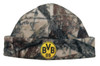 A camouflage micro fleece beanie featuring a circular logo on the front.