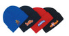 Four acrylic children's roll-up beanies in blue, red, and black, featuring various logos on each.