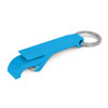 A drink bottle opener key ring in a bright blue color, featuring a sleek design and a metal key ring attachment.