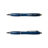 A blue metal pen with a sleek design and silver accents, featuring a clip and a writing tip.