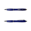 A blue metal pen, featuring a sleek design with chrome accents and a retractable tip.