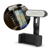 A black car phone holder with a clip design, featuring a logo, securely holding a smartphone displaying a map.