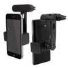 A black car phone holder featuring adjustable grips for different phone sizes and a mount for easy attachment.