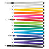 A collection of custom printed lanyards in various colours including white, yellow, orange, green, blue, and purple, with clips.