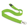 A bright green cotton lanyard featuring a clip and adjustable component. It has a logo on the strap.