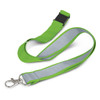 A green reflector lanyard featuring a grey inner lining and a metal clip for securing items.