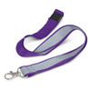 A purple reflector lanyard with a silver inner lining and a metal clip attachment.