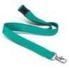 A teal soft touch lanyard with a clip and adjustable buckle, featuring a logo.