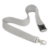 A grey lanyard with a clip and a buckle, featuring a smooth, flat design and an attached keyring.