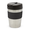 A drink bottle featuring a stainless steel body with a black silicone band and a black lid. It has a sleek design.
