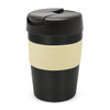 A drink bottle featuring a black body with a cream band and a black lid, equipped with a logo.