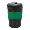 A drink bottle featuring a black body with a green silicone grip and a black lid, complete with a logo.