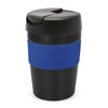 A drink bottle with a black body and a blue silicone band, featuring a black lid. It has a logo on the surface.