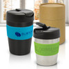 A drink bottle set featuring two vacuum cups in black and silver, with interchangeable coloured silicone bands and lids.