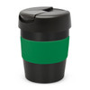 A drink bottle in black with a green silicone grip and a black lid, featuring a branded logo.
