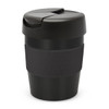 A drink bottle in black with a secure lid and textured grip band, featuring a logo. Holds 230ml.