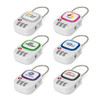 A set of six TSA locks in white, featuring various coloured logos and a combination dial for security.