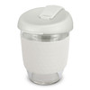 A drink bottle in white borosilicate glass with a matching silicone sleeve and a snap-on lid. Features a logo.