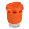 A drink bottle made of borosilicate glass with an orange silicone sleeve and lid. It has a logo on the side.